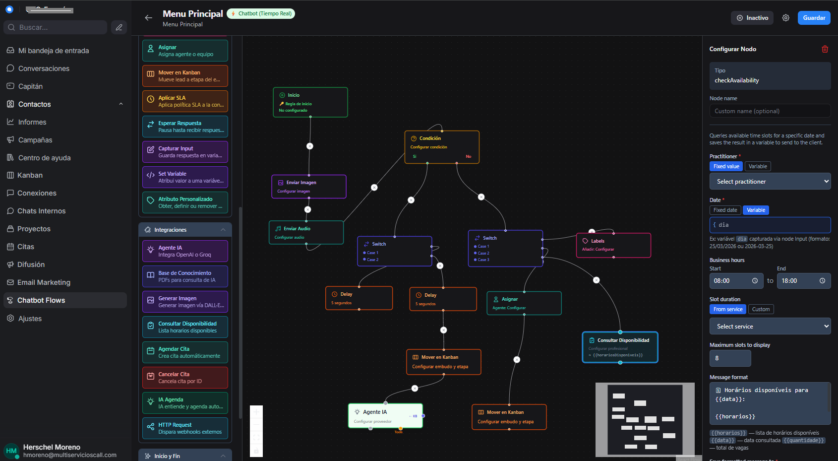 Diseñador de flujos de chatbot inteligentes en AvanziaChat para automatización 24/7
